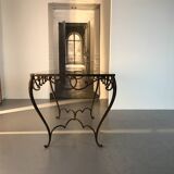 French Art Deco Wrought Iron Dining Table with Black Colored Glass, 1930s