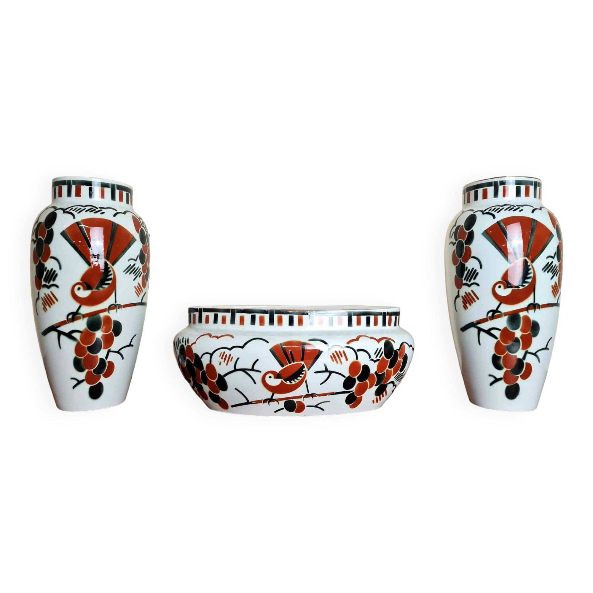 Keller e guérin luneville 1930: jardiniere and its 2 vases art deco period