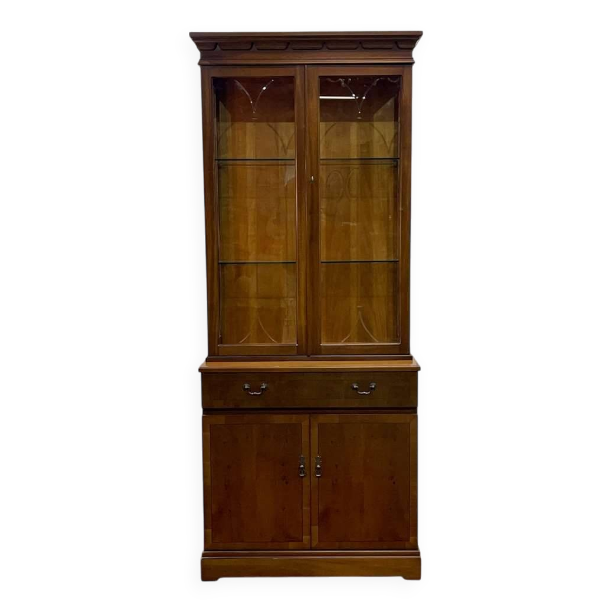 English display cabinet with two sections made of yew from the 1980s.