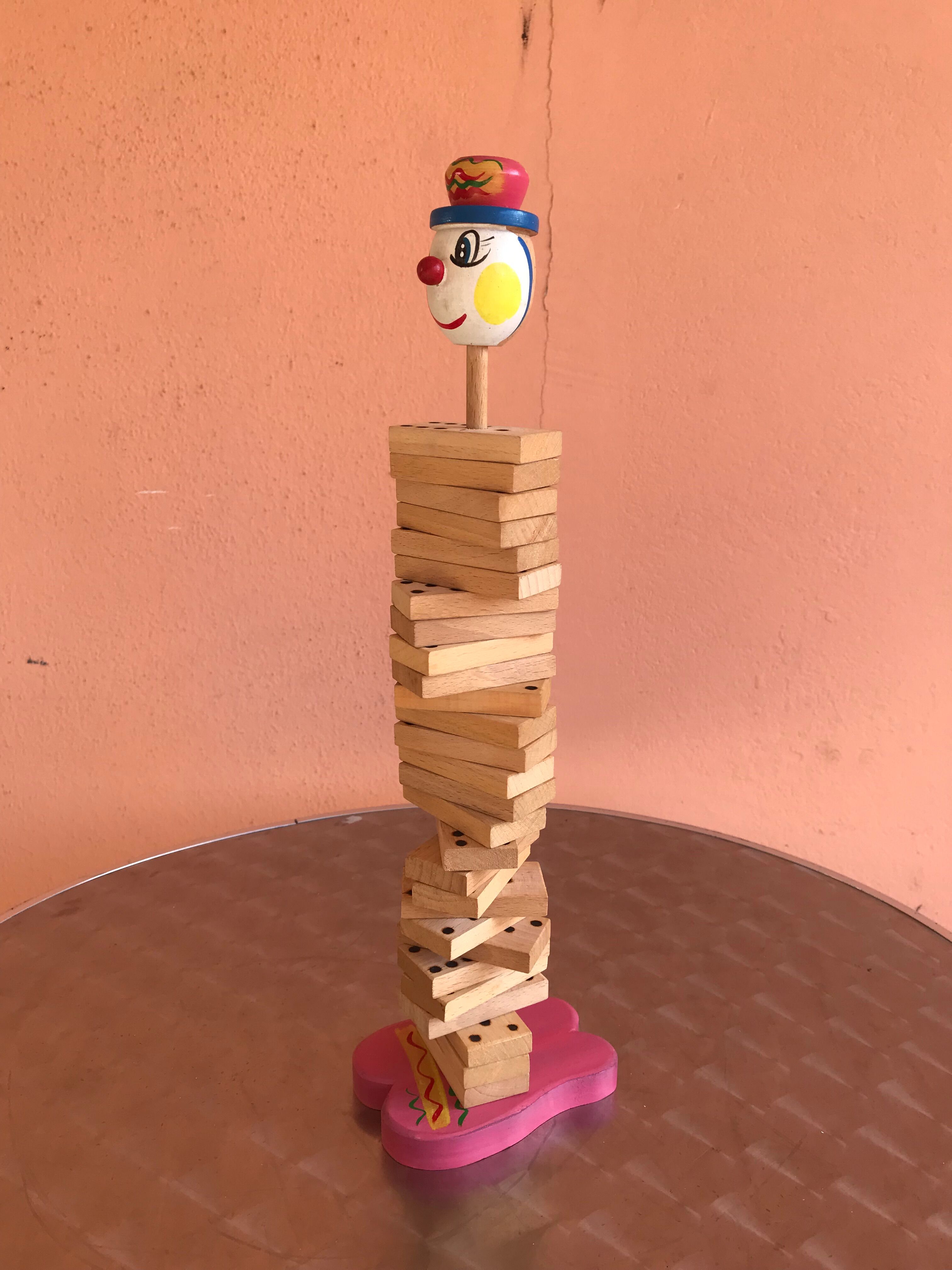 Jouet ancien jeu de dominos en bois avec personnage de clown