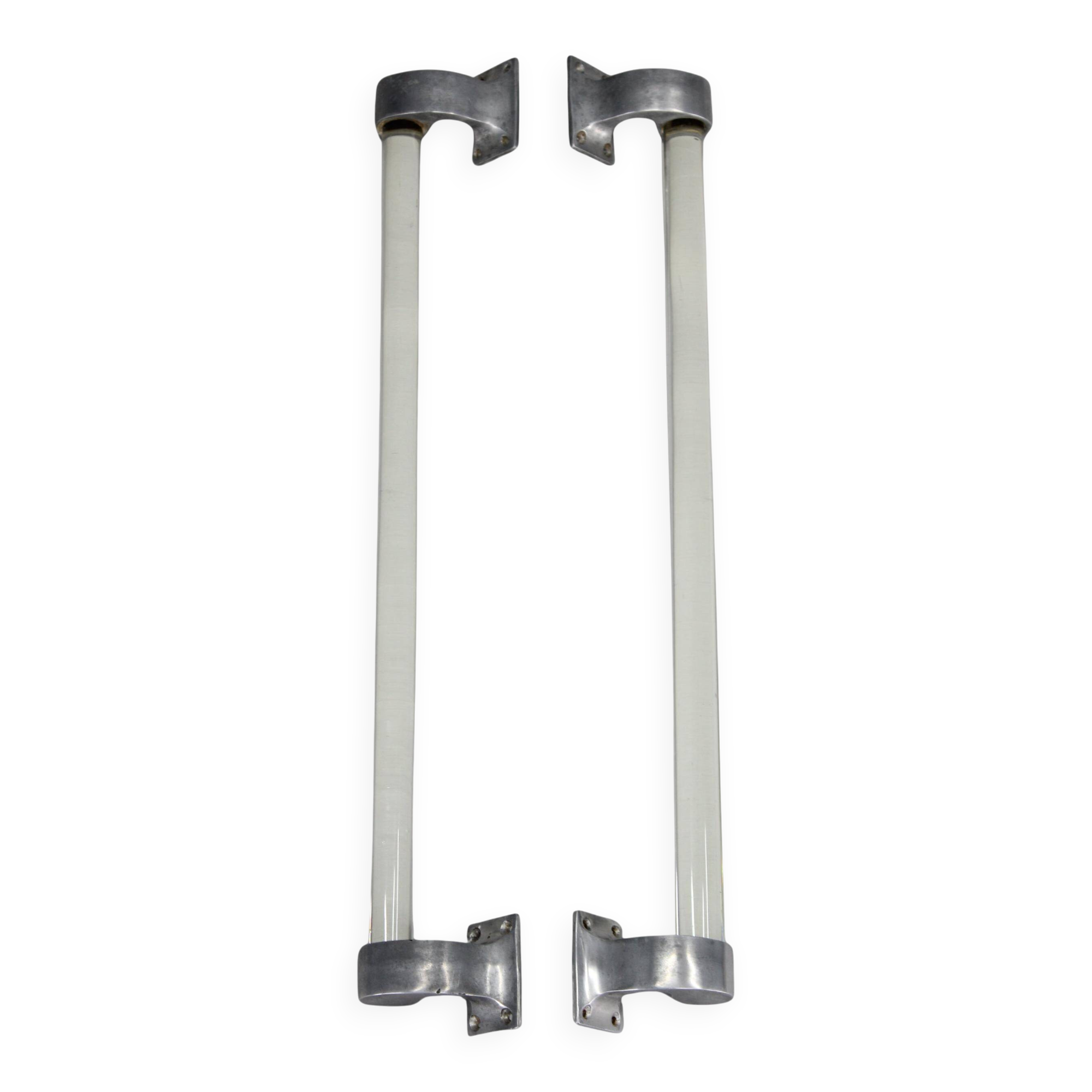 Pair of 1930s Czechoslovak Art Deco clear glass handles with metal mounts