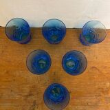 Série de 6 verres à jus verre moulé bleu décor feuilles vintage