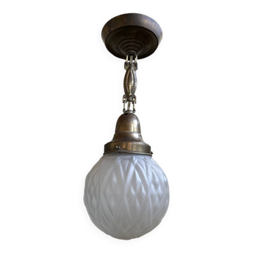 Antique Art Deco pendant lamp – Brass and frosted glass globe