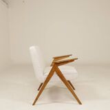 Vintage armchair rustic oak pearl bouclé concluded by Chierowski