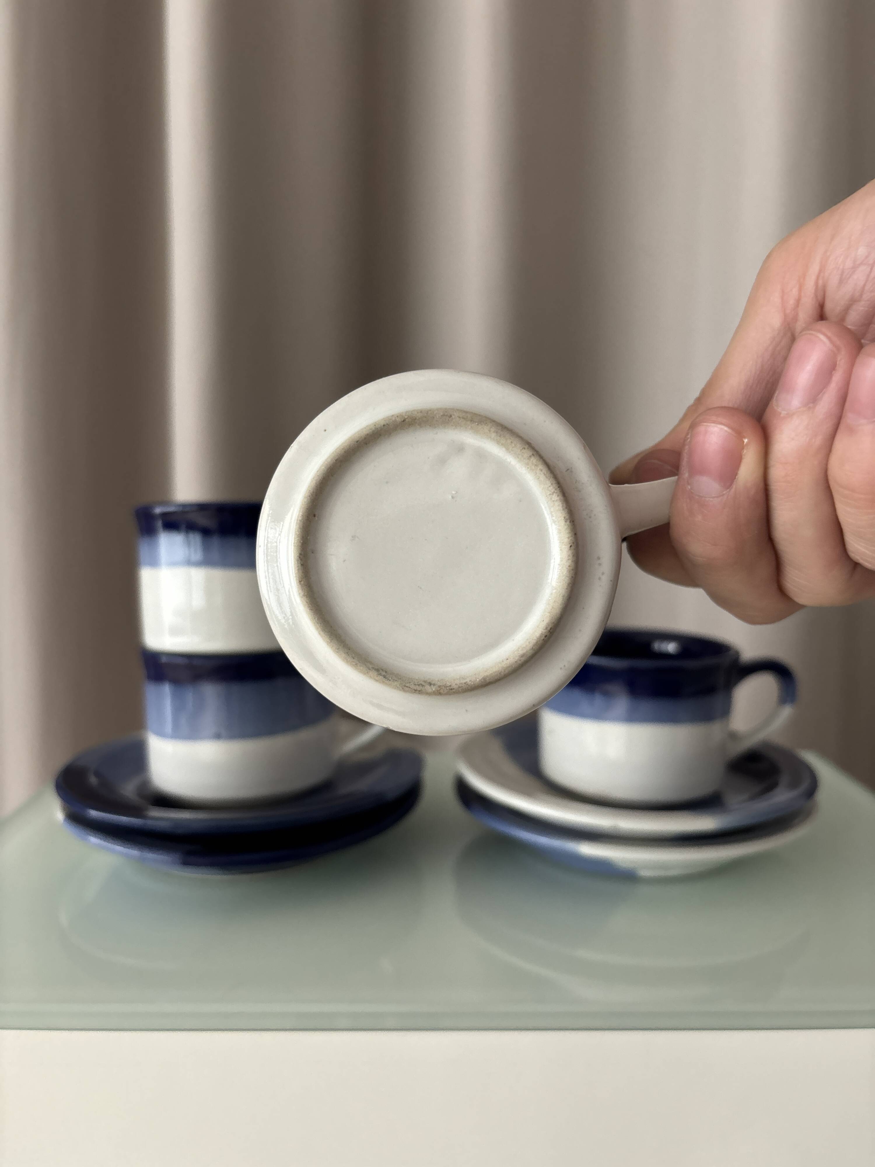 Set of 4 Vintage Studio Pottery Cups & Saucers – Hand Glazed Blue & White