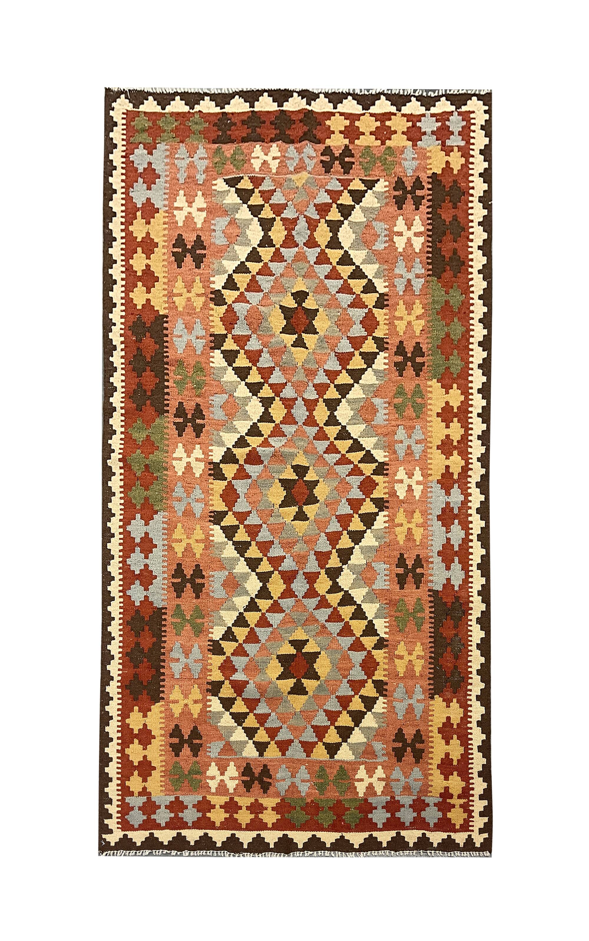 Geometric Kilim Runner Rug, Handmade Wool Contemporary Rug 185 x 103 cm