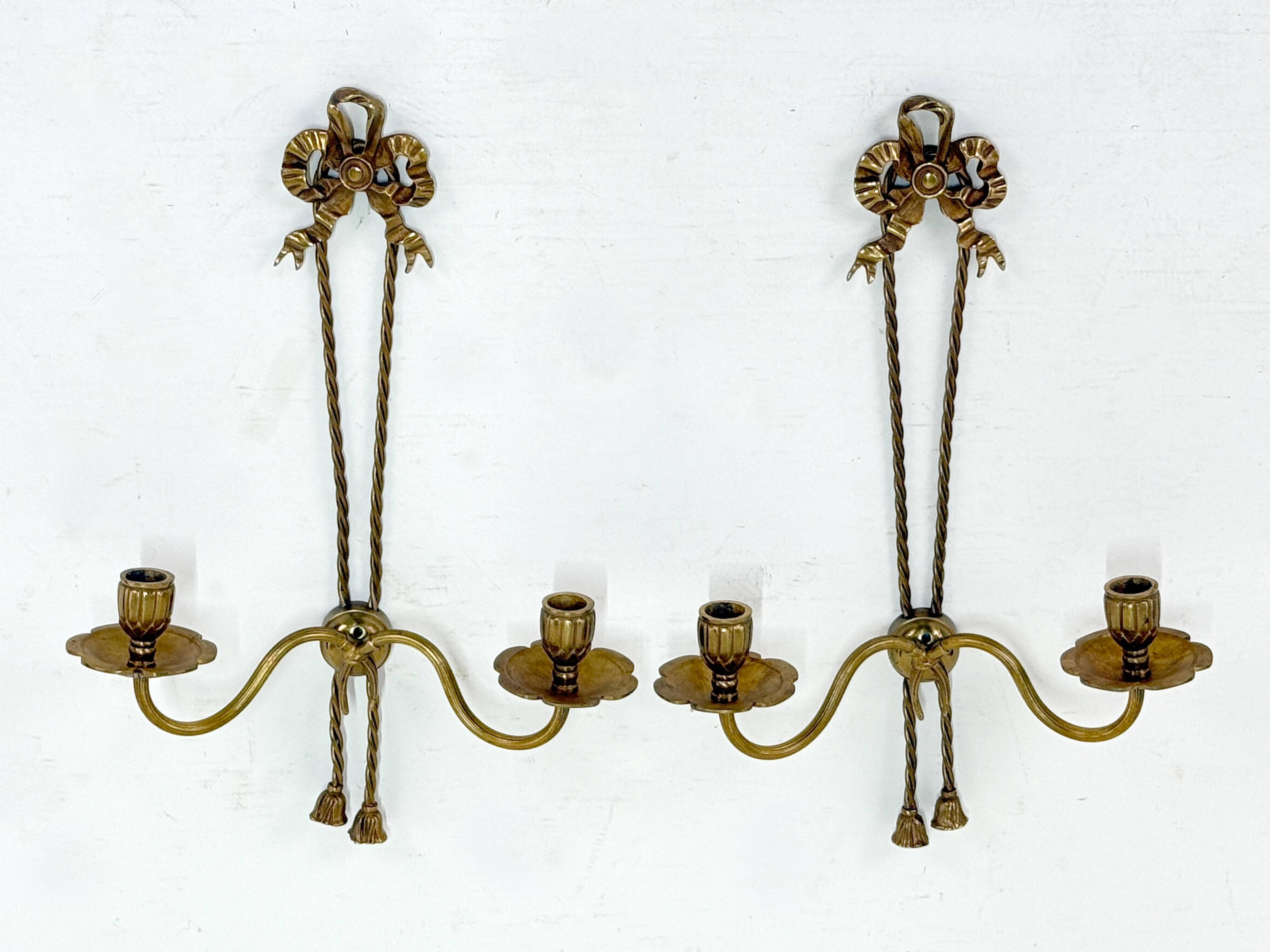 Antique Pair of 2-Light Wall Lights - Gilt Bronze - Louis XVI Style Knot