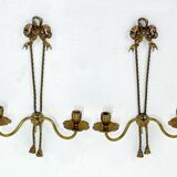 Ancien Paire Appliques 2 Feux - Bronze Doré - Nœud Style Louis XVI