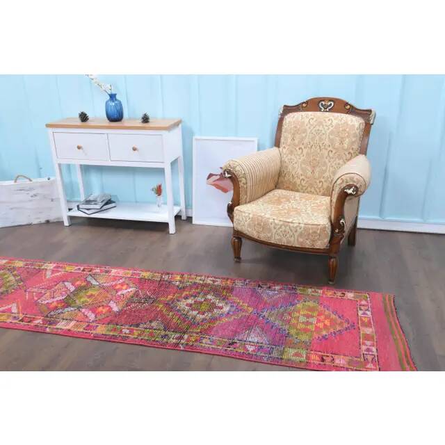 1970s Turkish Hand-Knotted Wool Cotton Pink Runner 79x371