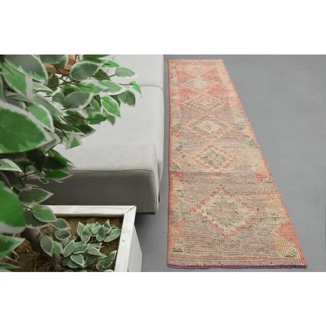 1970s Turkish Oushak Handmade Wool Cotton Pink Runner Rug 78x345