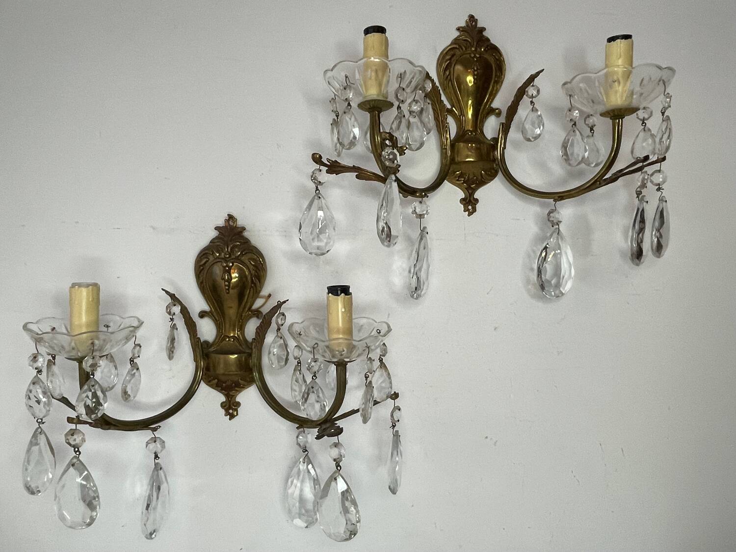 Pair of bronze and crystal wall lights