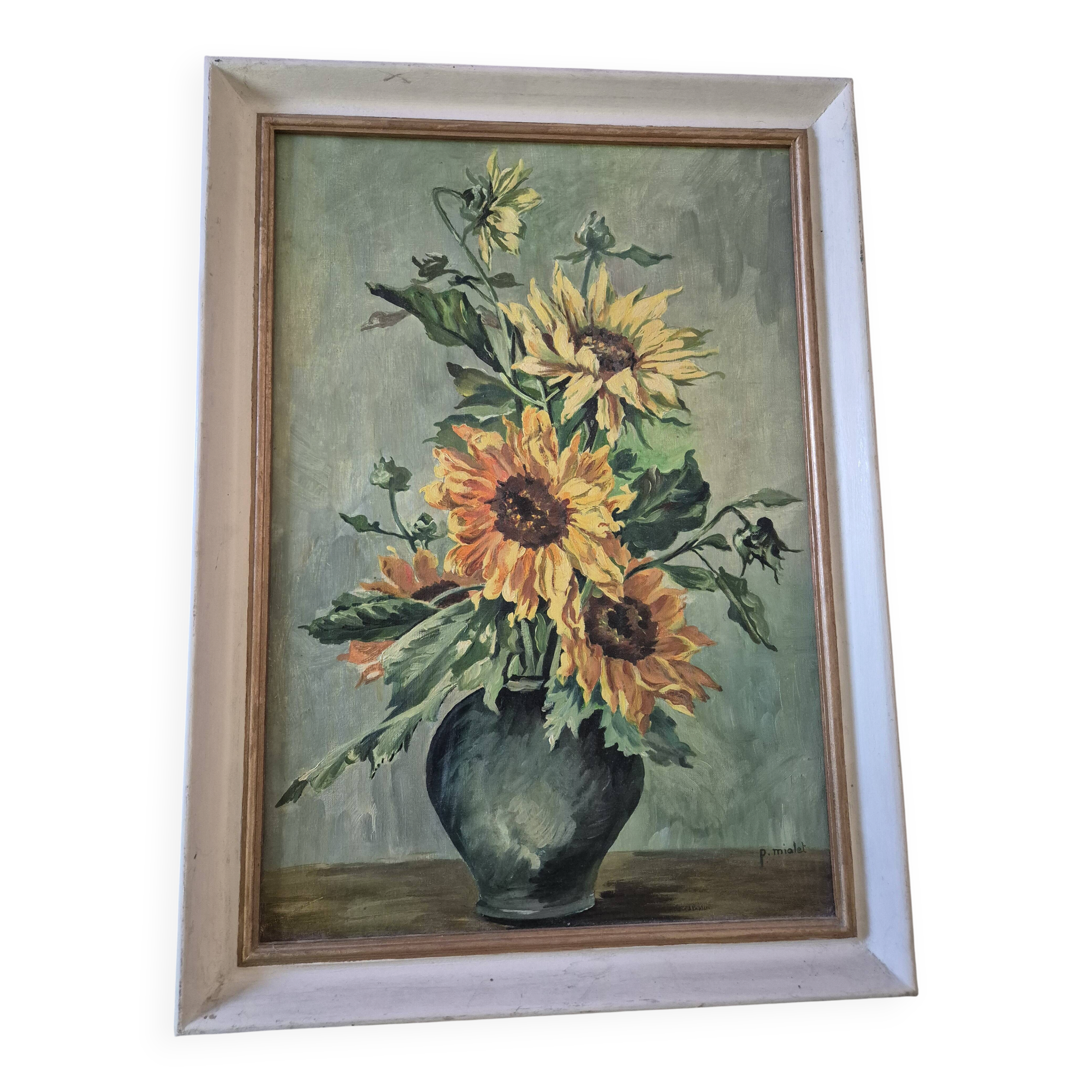 Signed painting depicting sunflowers