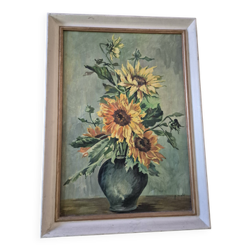 Signed painting depicting sunflowers
