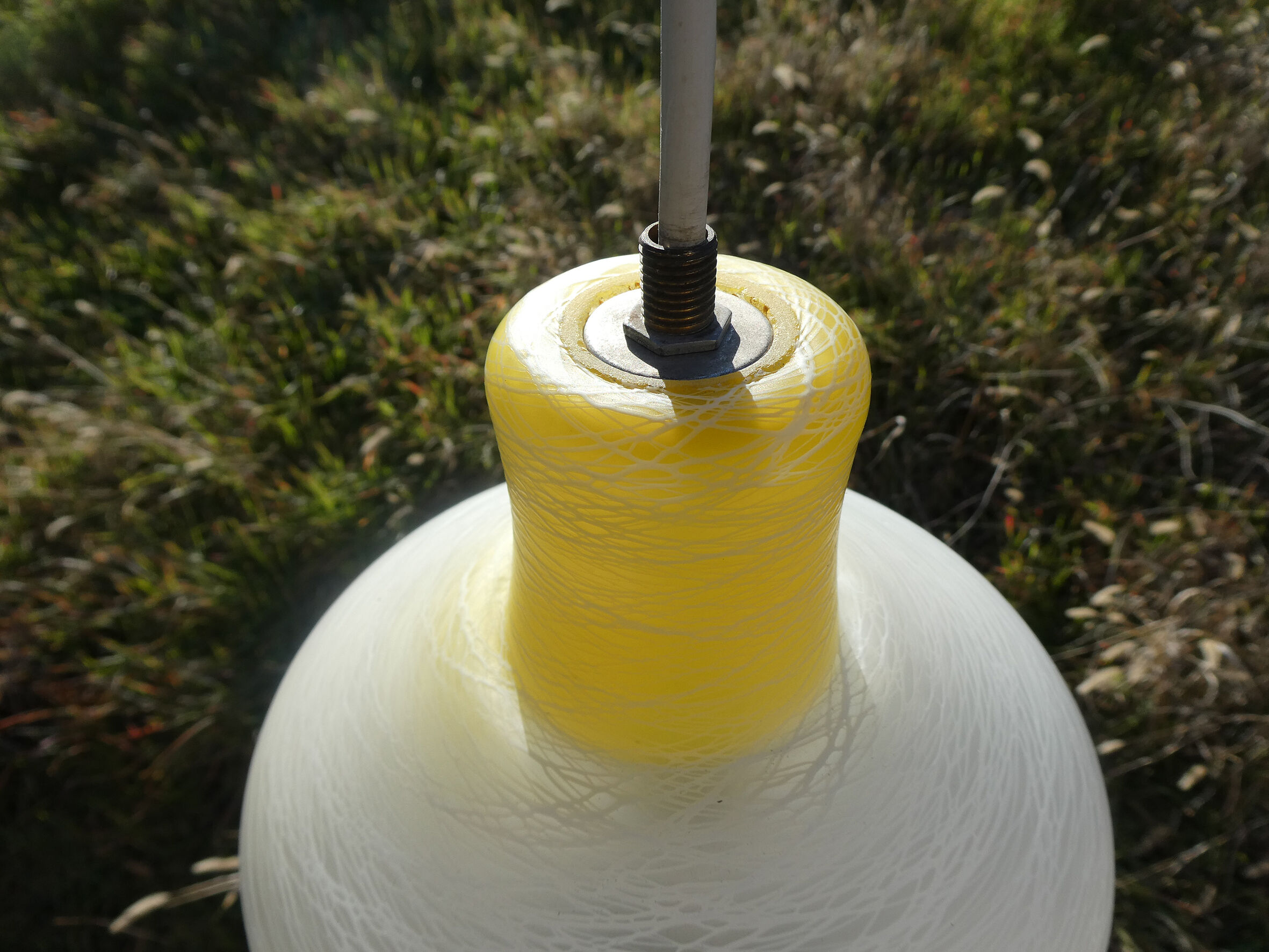 white and yellow vintage textured glass pendant lamp 50s