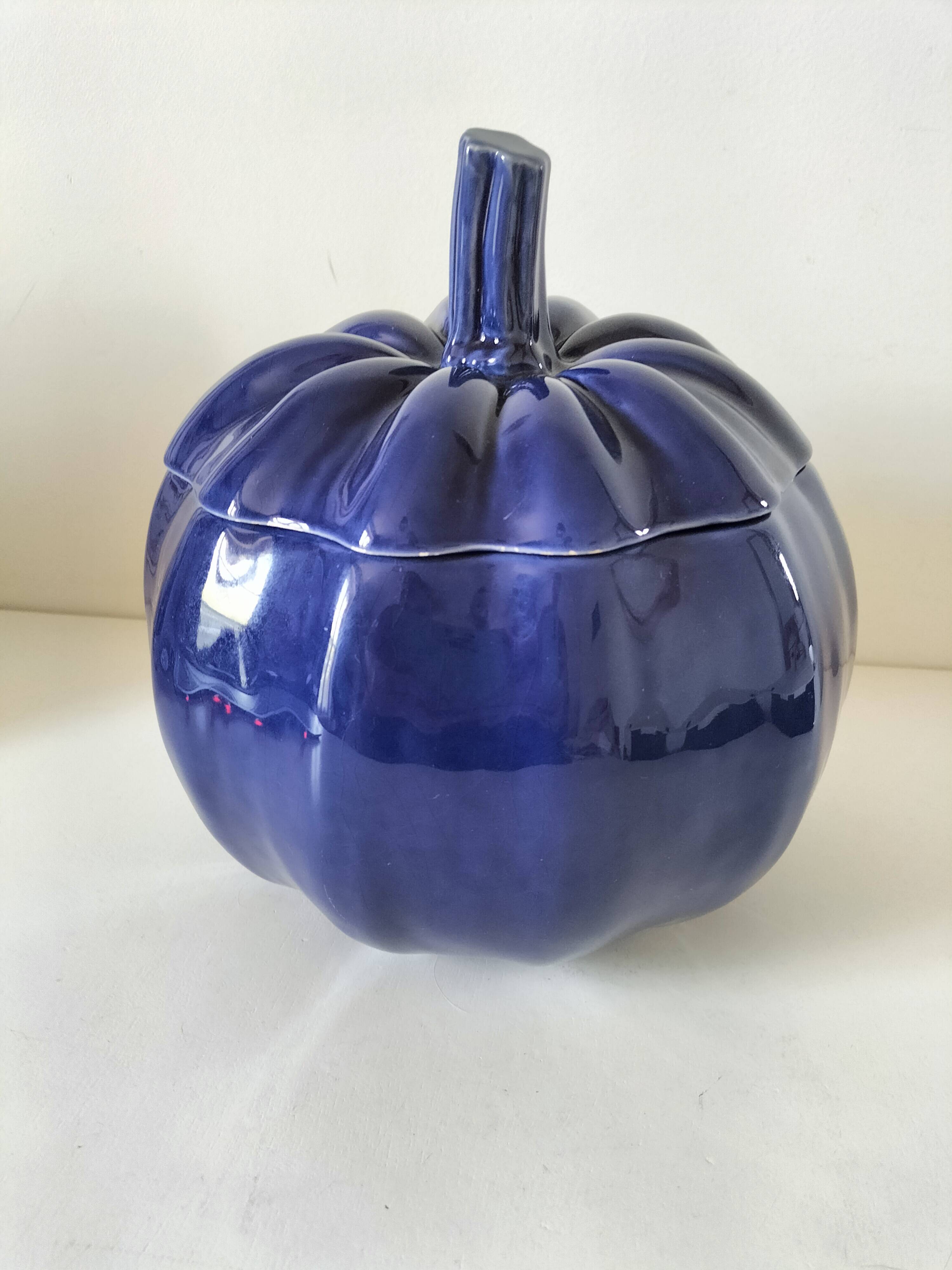 Large vintage soup tureen in glazed ultramarine ceramic
