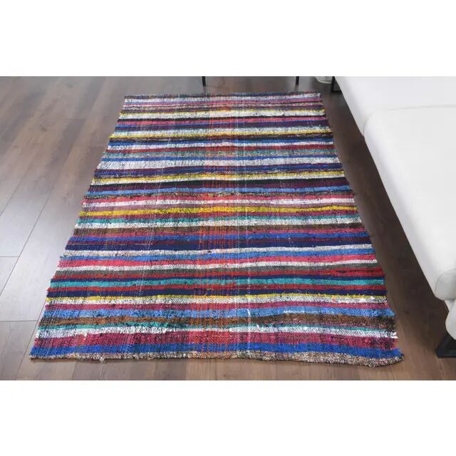 Tapis kilim vintage turc Oushak fait main en laine et coton bleu