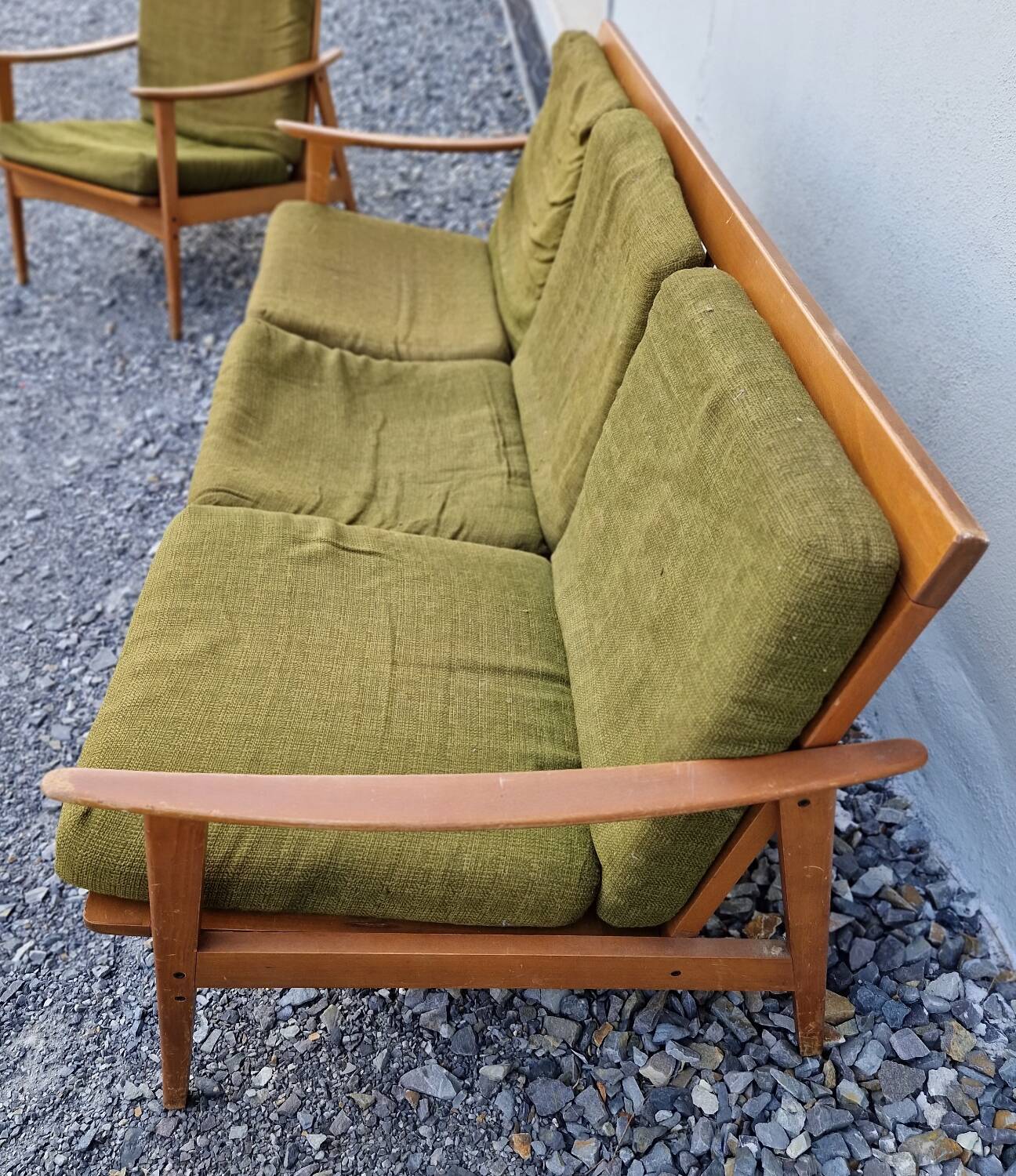 Living room set: sofa and 2 boomerang-style armchairs, 1950s
