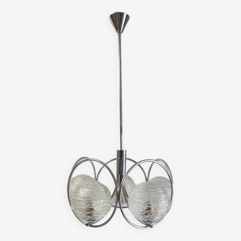 5-light Space age style chandelier in chrome metal and glass - 1970s