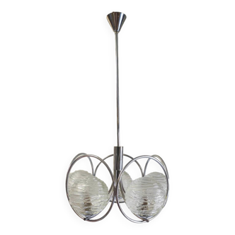 5-light Space age style chandelier in chrome metal and glass - 1970s