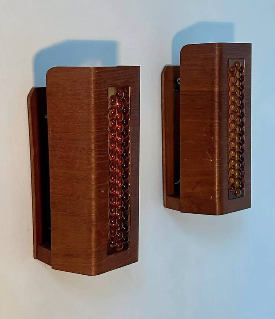 Pair of vintage wall lights, teak and amber glass, Sweden 1960
