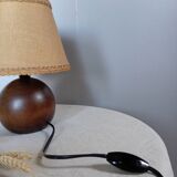 Dark ball wood table lamp, jute lampshade, 1970