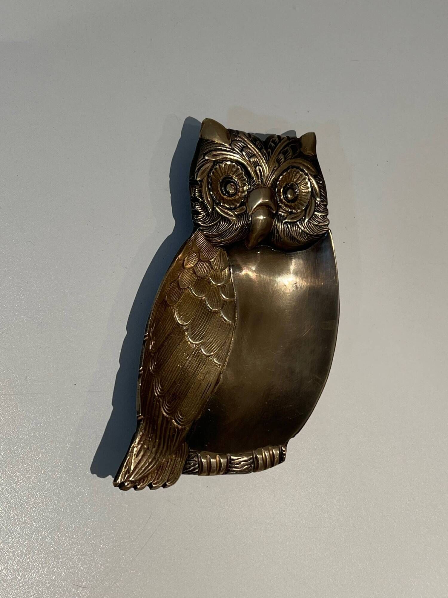 Brass Owl Catchall with Chiseled Feather Decoration. Italian Work in the