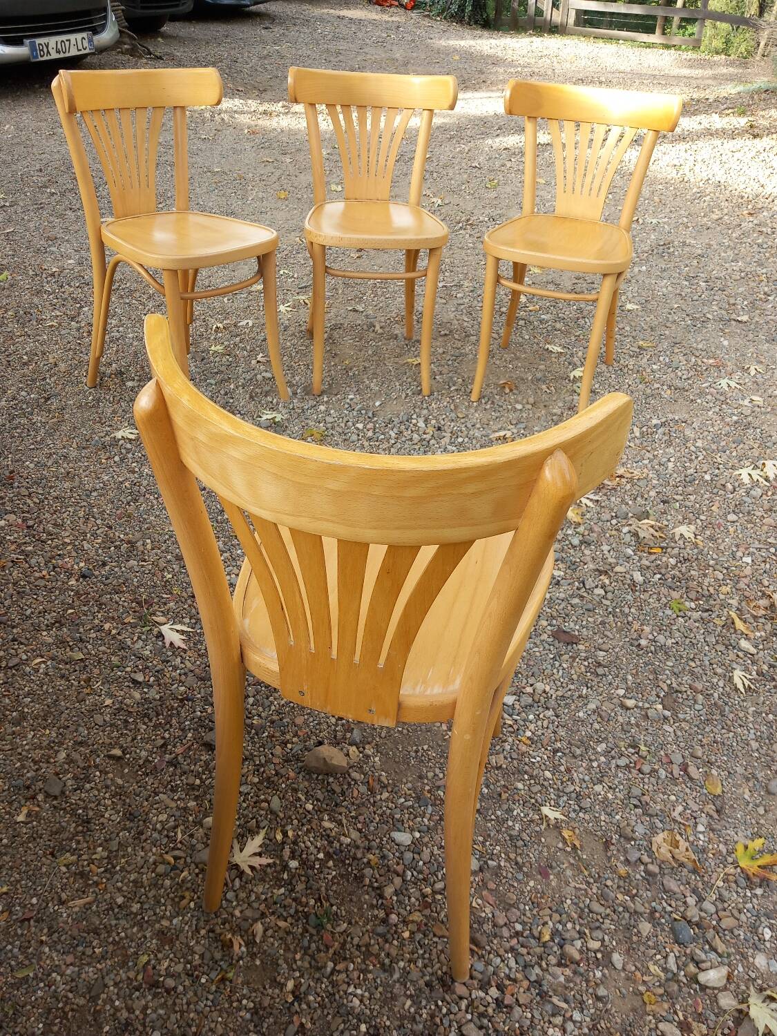 4 bistro chairs in solid blond wood, Fischel style