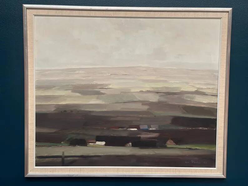 Oil on panel original Swedish - "House in a flat landscape" by Evert Färhm - Dated 1968 - vintage and framed - 81 × 68 cm (31.9" × 26.8")