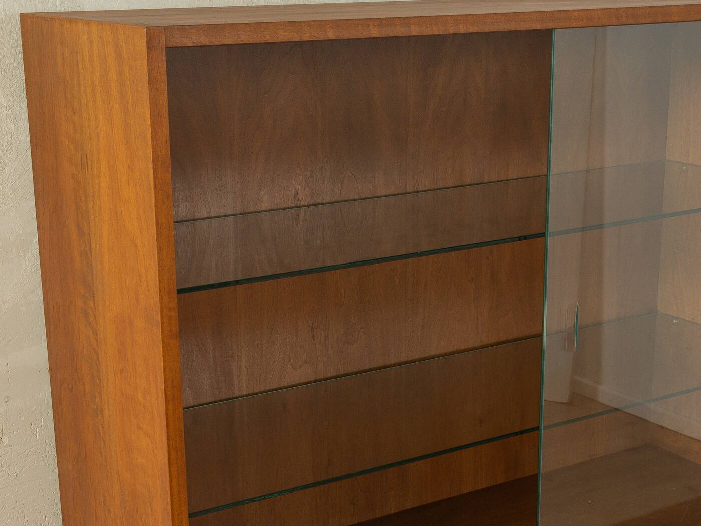 1950s display cabinet, walnut veneer, glass sliding doors