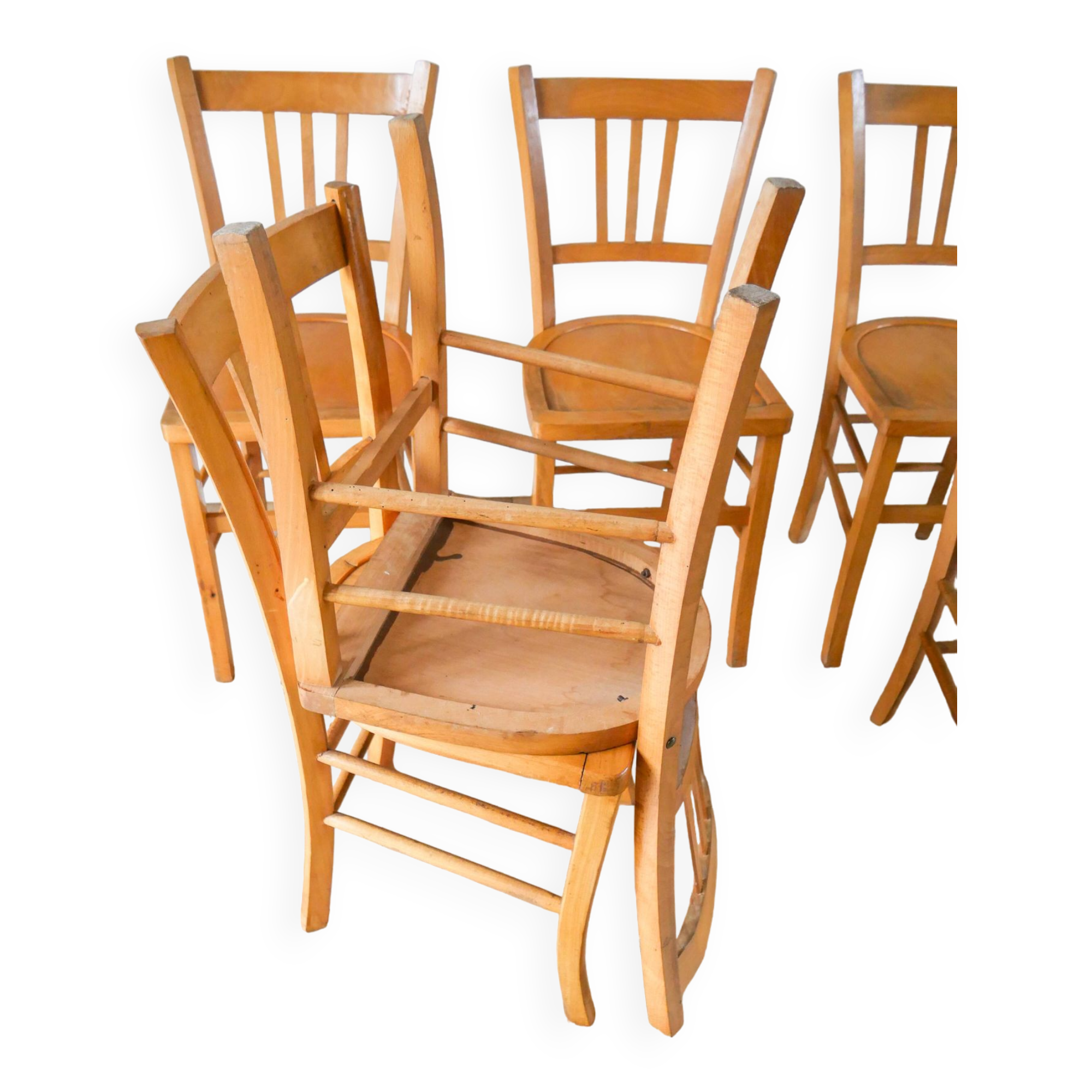 Ensemble de 6 chaises bistrot en bois blond luterma 1950