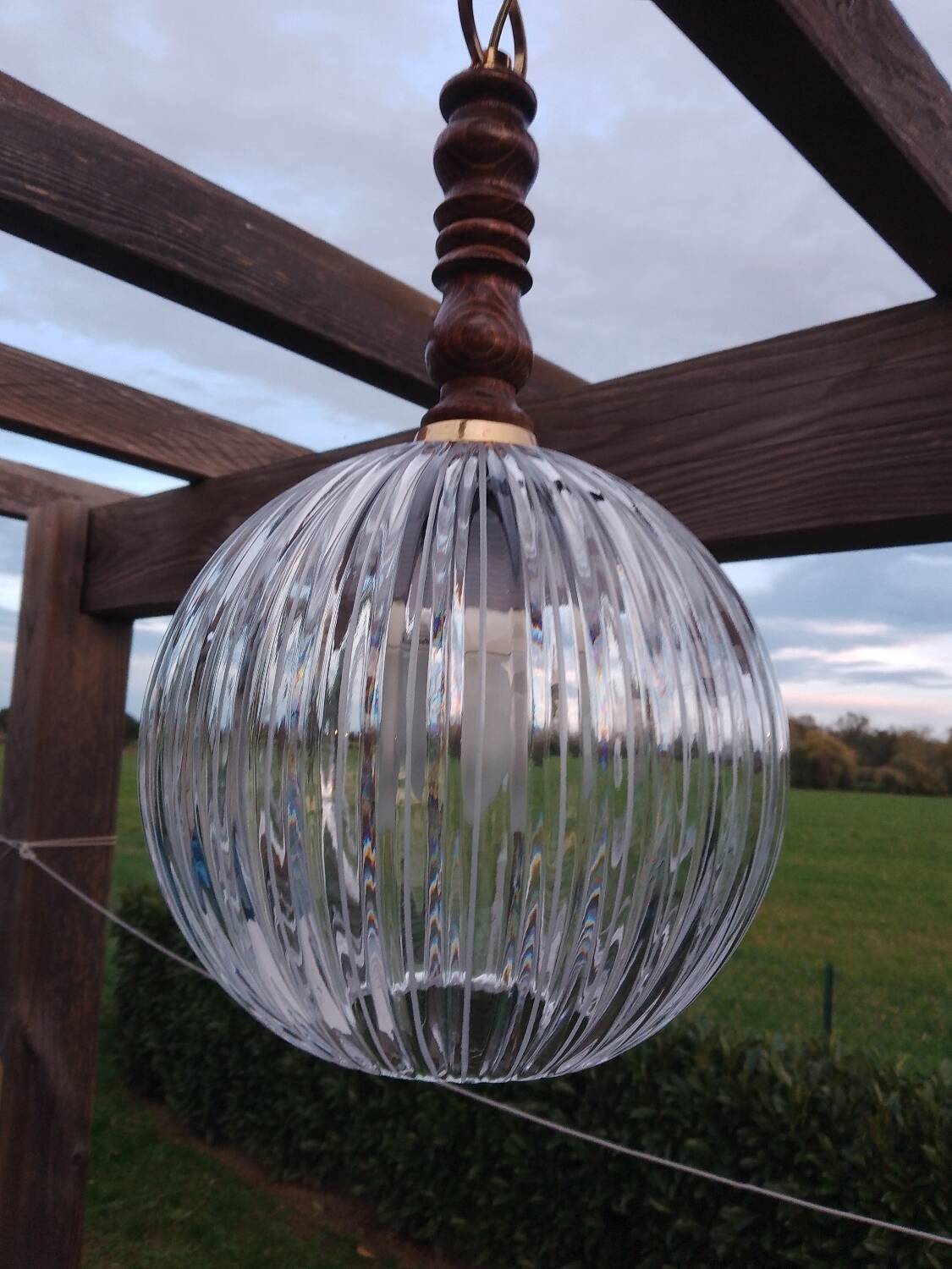 Suspension ball in thick striated glass design lighting year 1980 space age