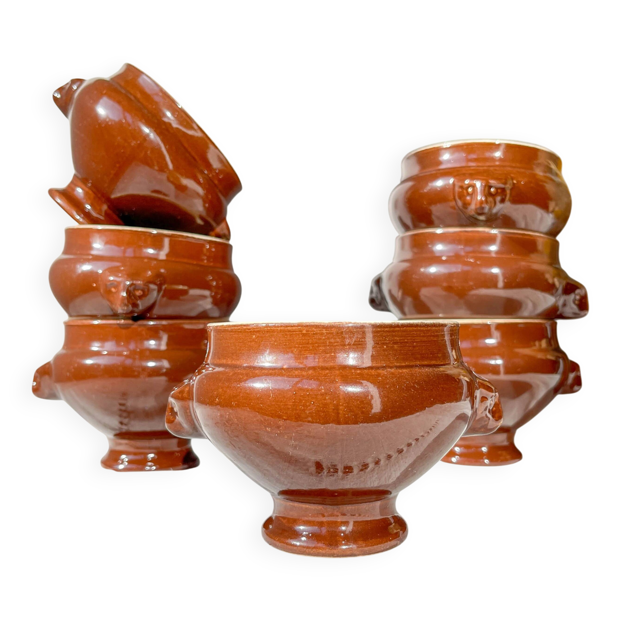 7 vintage Emile Henry ceramic lion head onion soup bowls - brown, made in France