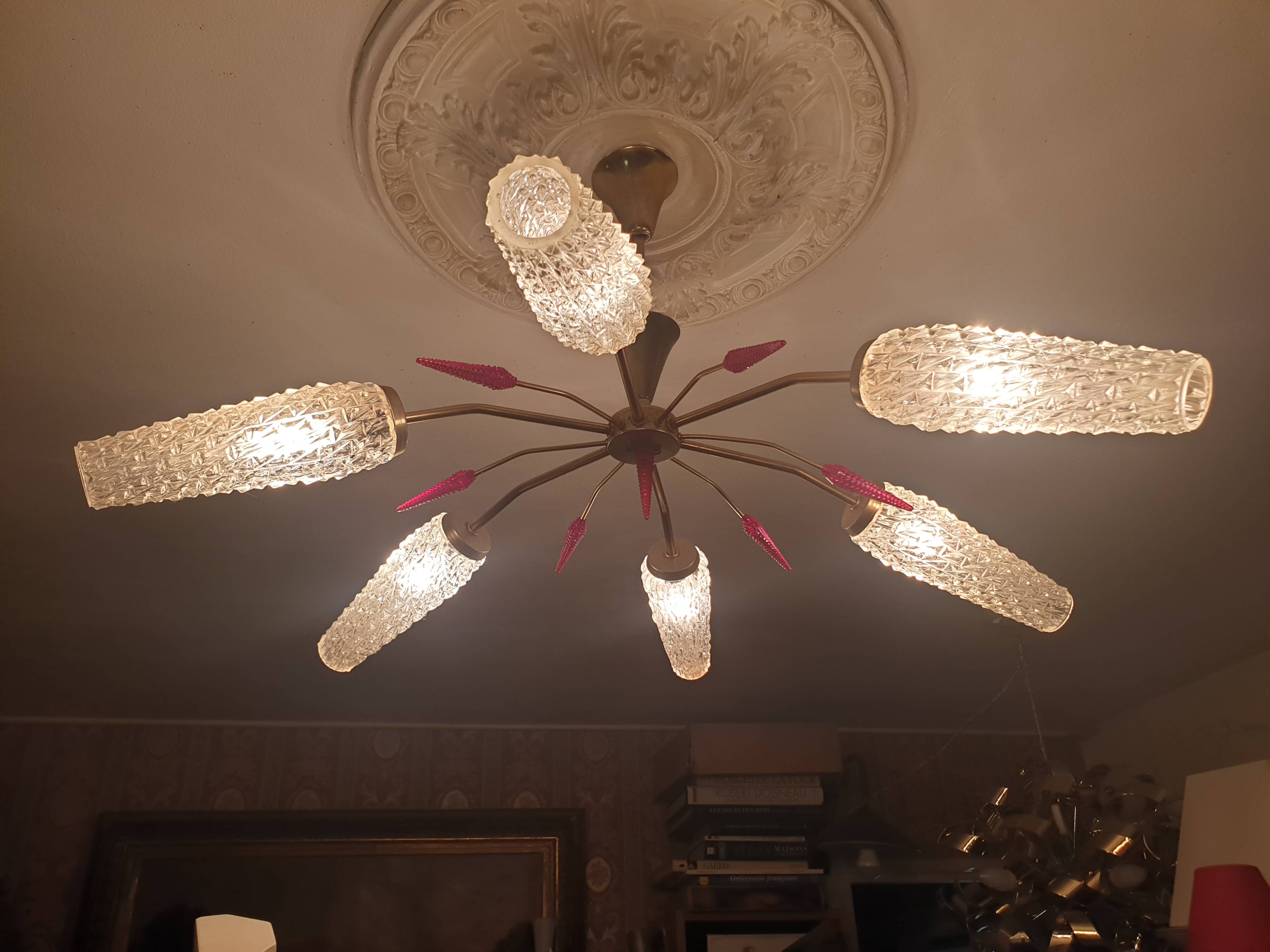 5-light brass chandelier 1950