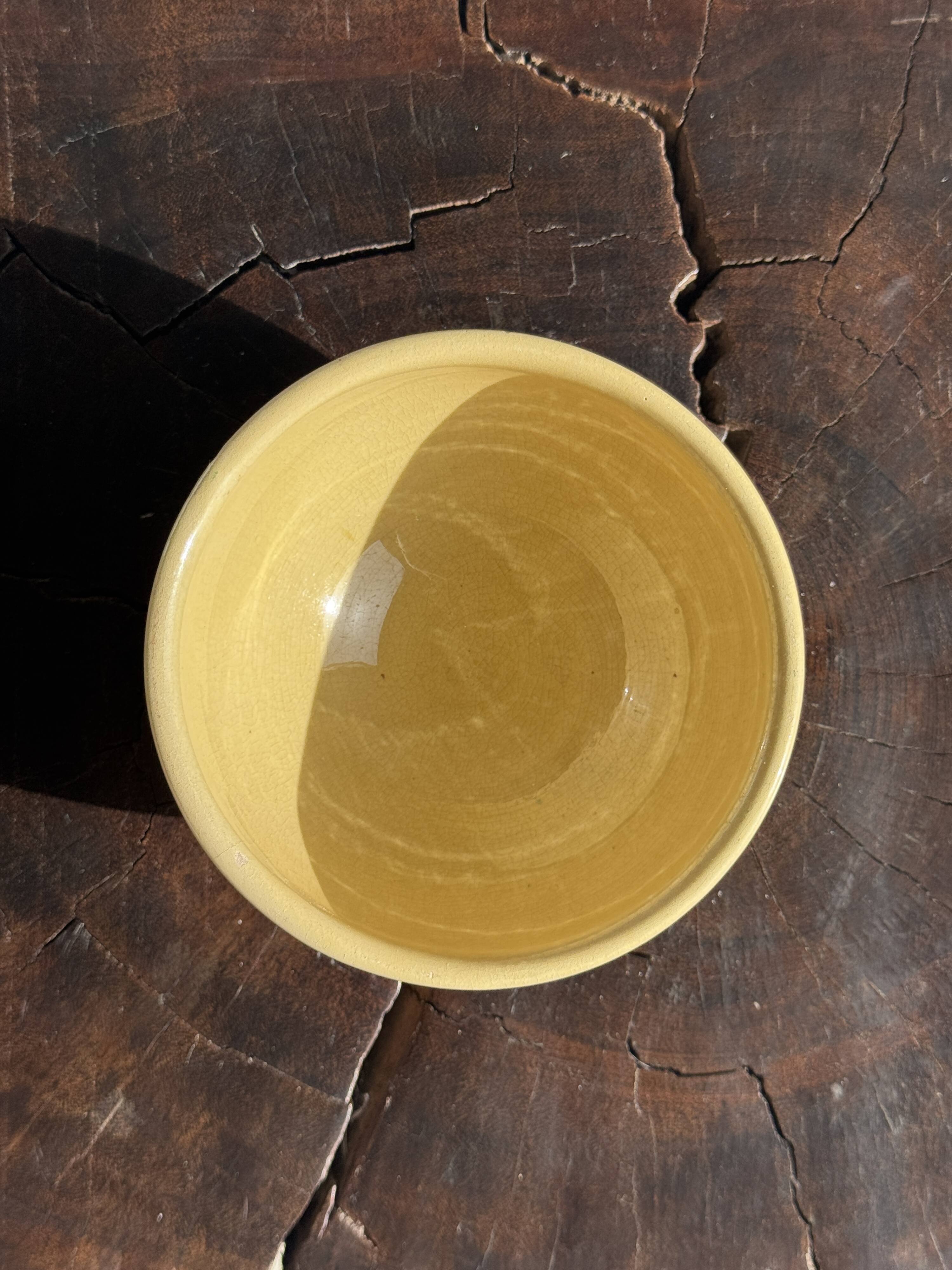 Small vintage yellow terracotta bowl with a handmade pedestal H8 D12