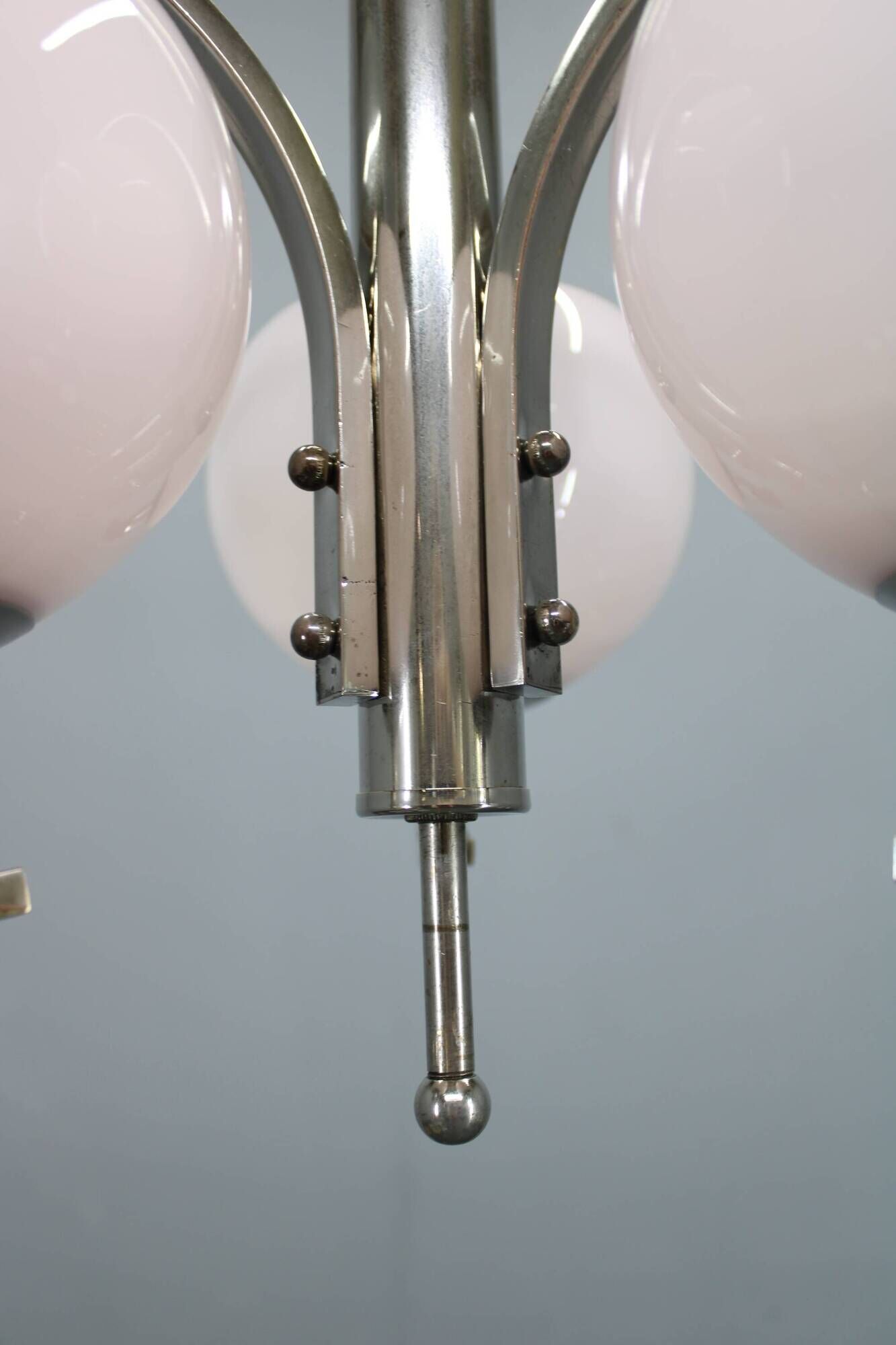 Art Deco nickel chandelier with light-pink opaline shades, Czechoslovakia, 1930s
