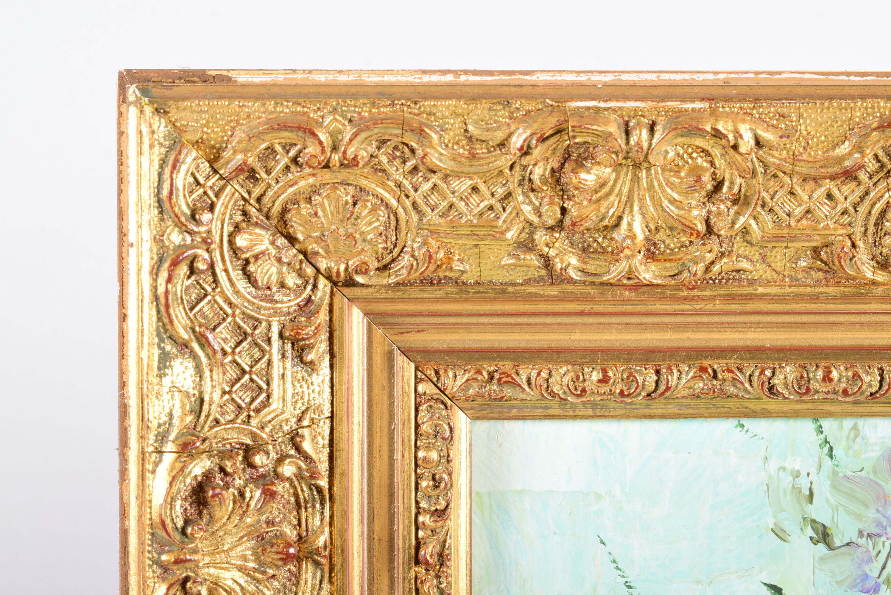 Painting, bouquet of flowers, oil on canvas, old gilded stucco frame