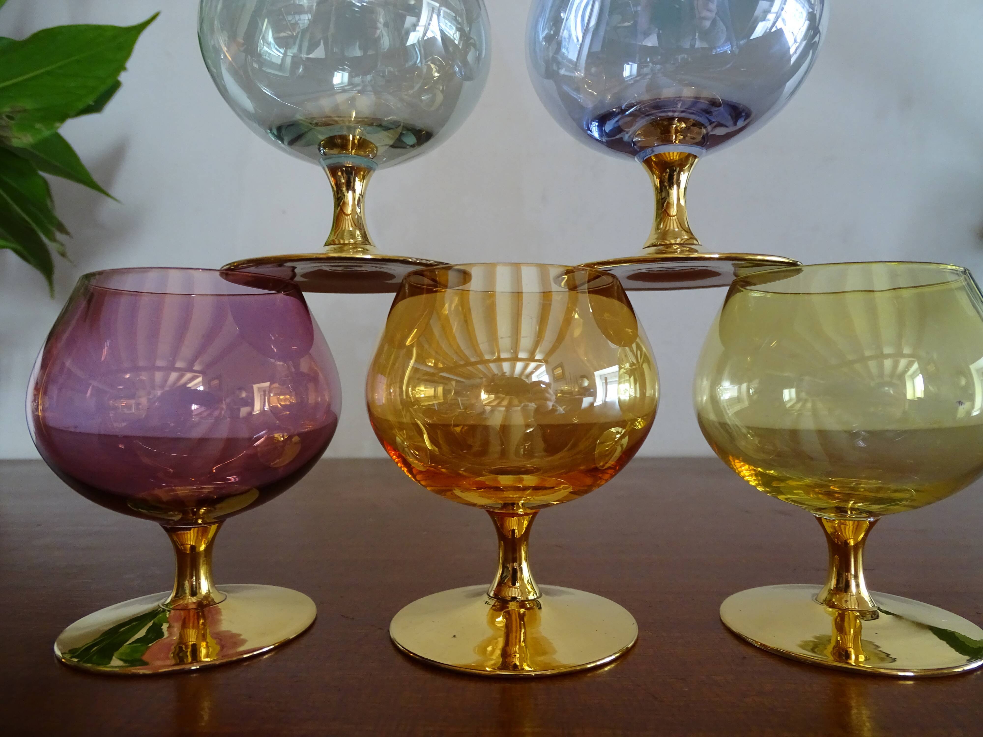 5 vintage coloured cognac glasses