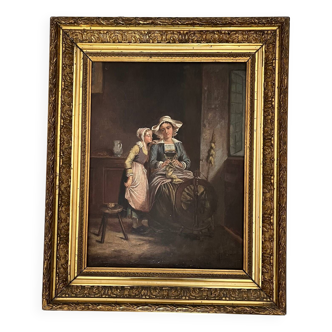 Tableau : huile sur toile portrait d’une femme et sa fille