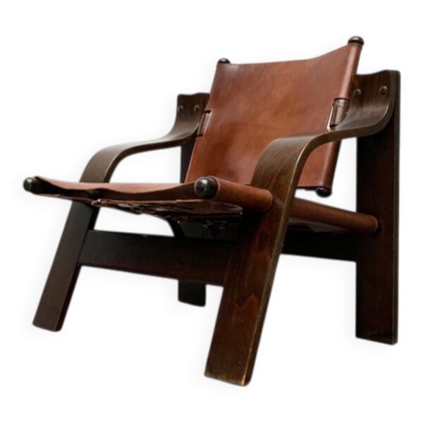 Fauteuil Safari Brutaliste Mi-Siècle en Bois et Cuir, Années 1960 — Beyit