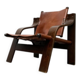 Brutalist Mid-Century Safari Armchair in Wood and Leather, 1960s