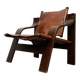 Brutalist Mid-Century Safari Armchair in Wood and Leather, 1960s