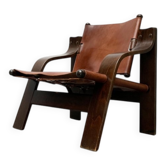 Fauteuil Safari Brutaliste Mi-Siècle en Bois et Cuir, Années 1960