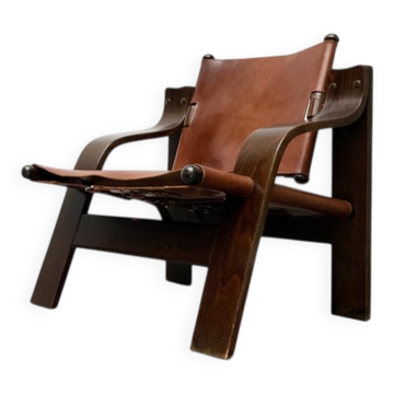 Fauteuil Safari Brutaliste Mi-Siècle en Bois et Cuir, Années 1960