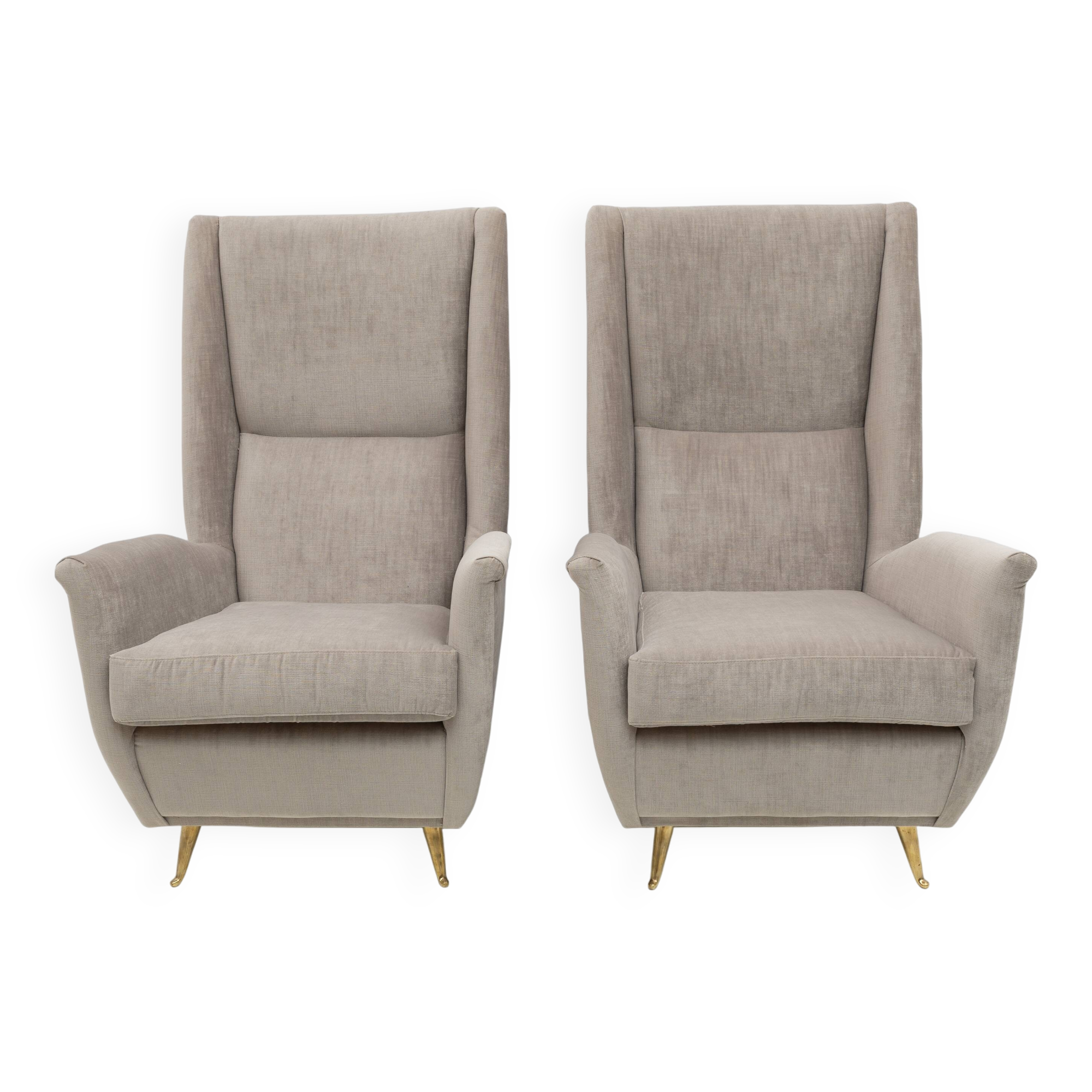 Pair of Mid-Century Modern Velvet High Back Armchairs by Isa, 195