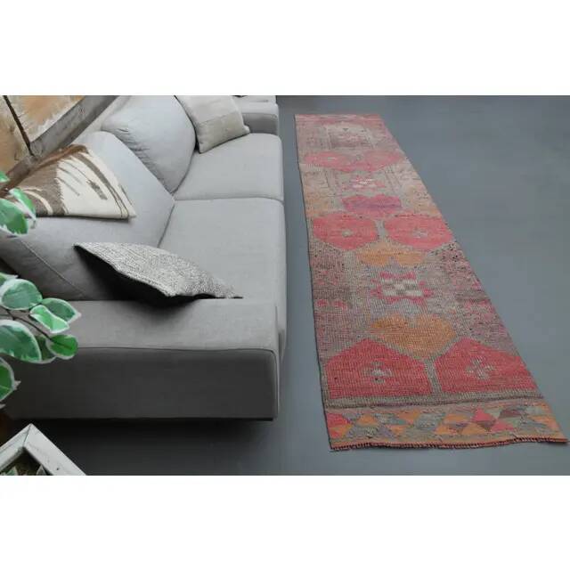 1970s Vintage Turkish Oushak Handmade Wool Cotton Pink Runner Rug 90x365