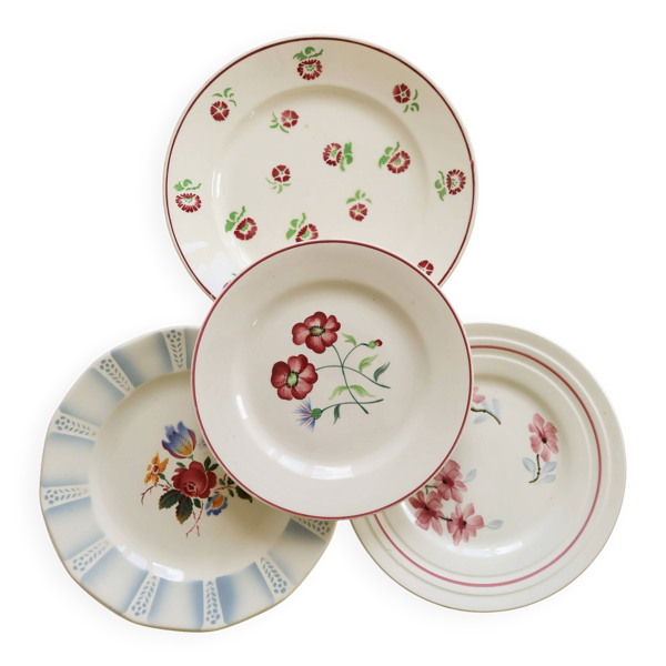 4 assiettes à dessert dépareillées vintage faïence fleurie – Lot Rosie