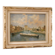 Italian signed landscape painting view of river with boats