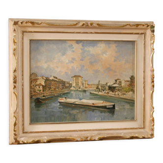 Peinture de paysage signée italienne vue de la rivière avec des bateaux
