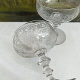 2 antique champagne glasses in engraved glass