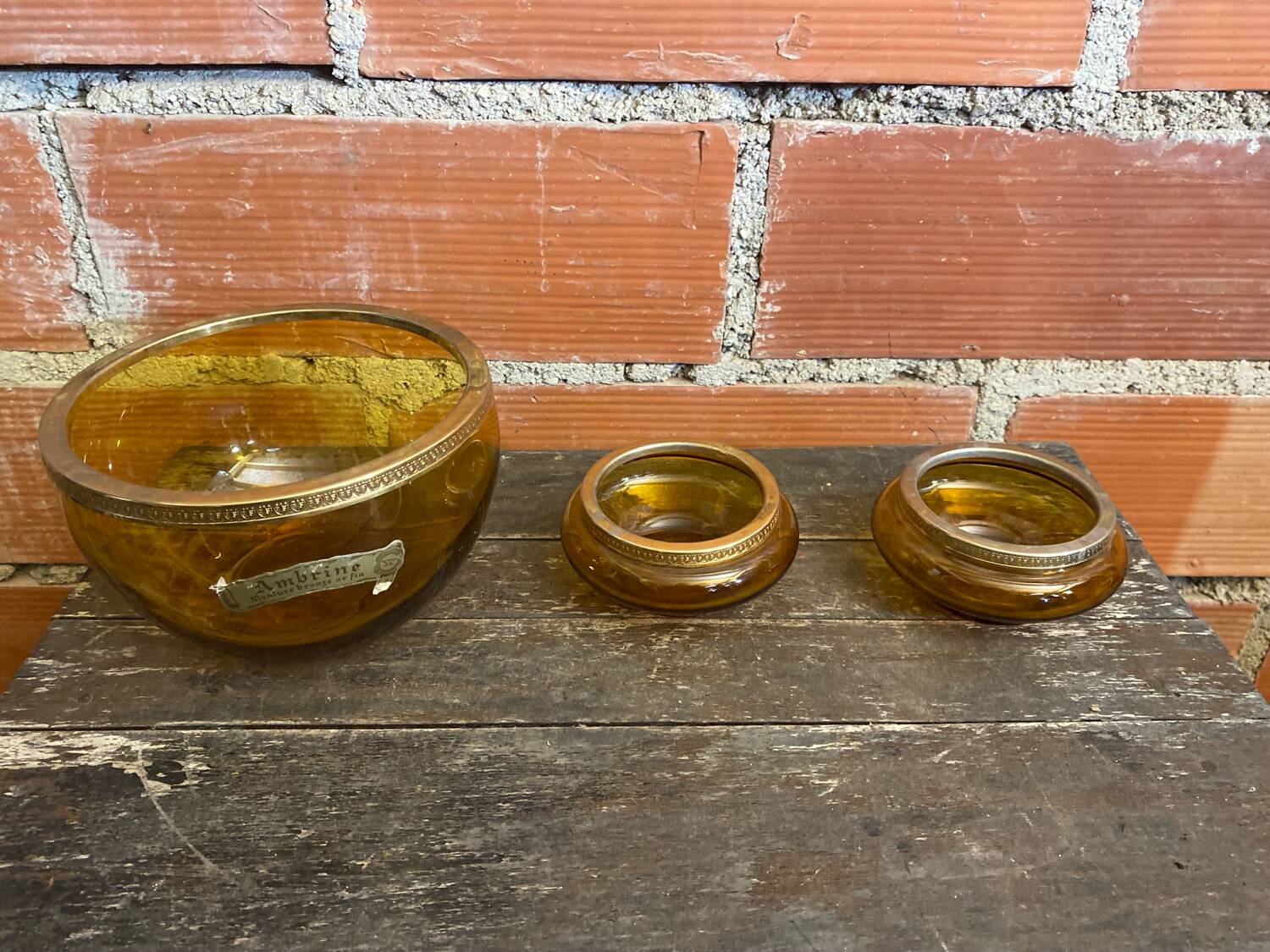 Salad bowl + 2 Antique AMBRINE Bowls Amber Glass + Gold Bronze Mounting